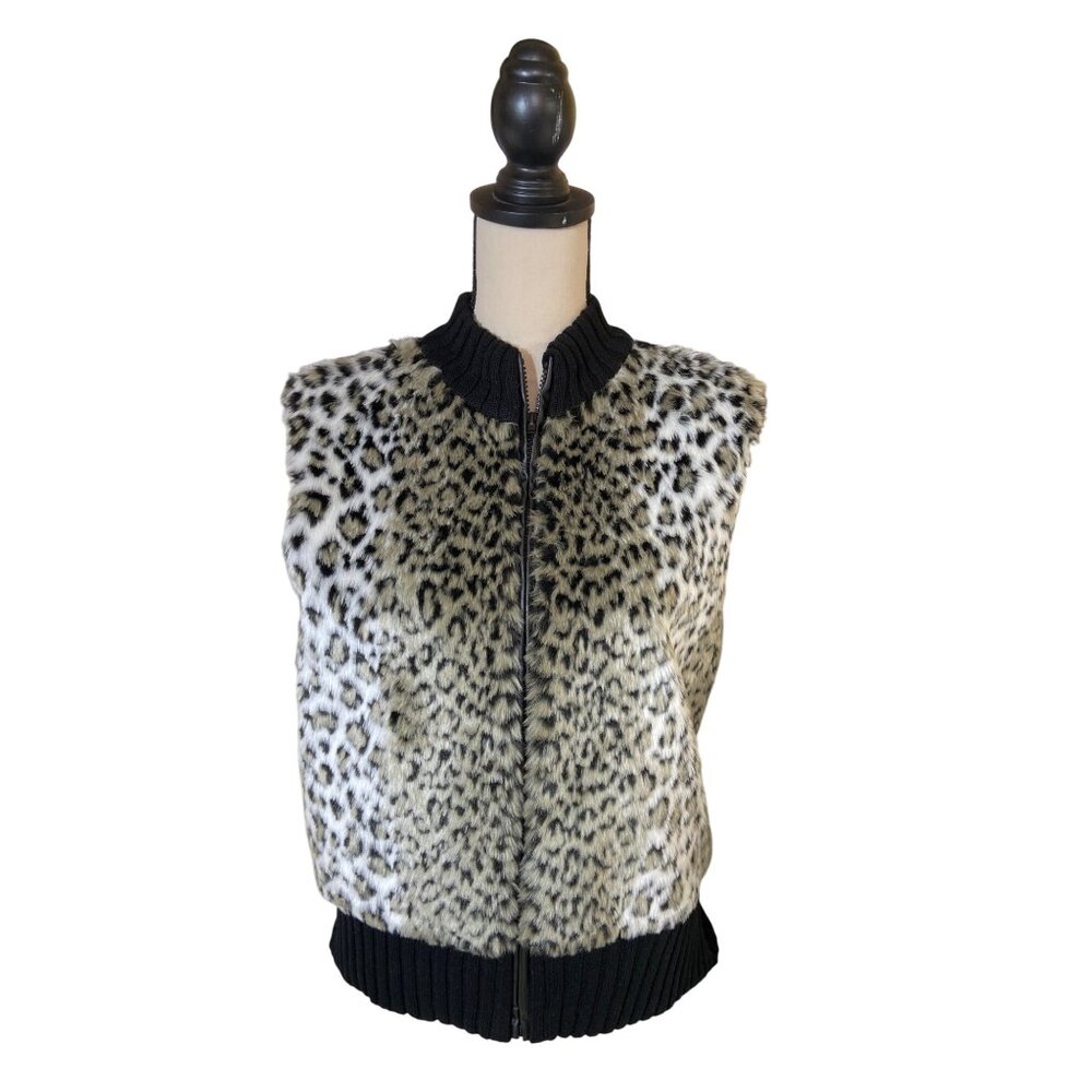 Kim Rogers Womens XL Leopard Print Faux Fur Zip Vest Ribbed Knit Back